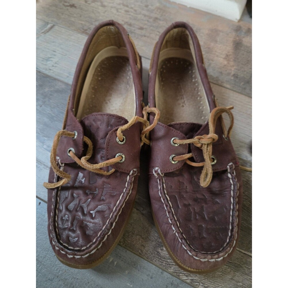 Sperry Topsiders Ladies SZ 8 Nautical Embossed Boatshoes Red/brown leather SB8
